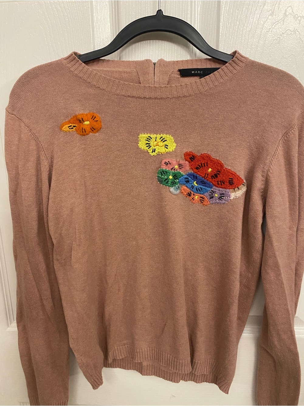 Marc Jacobs Dusty Rose Knit Sweater with Multicolor Floral Embroidery